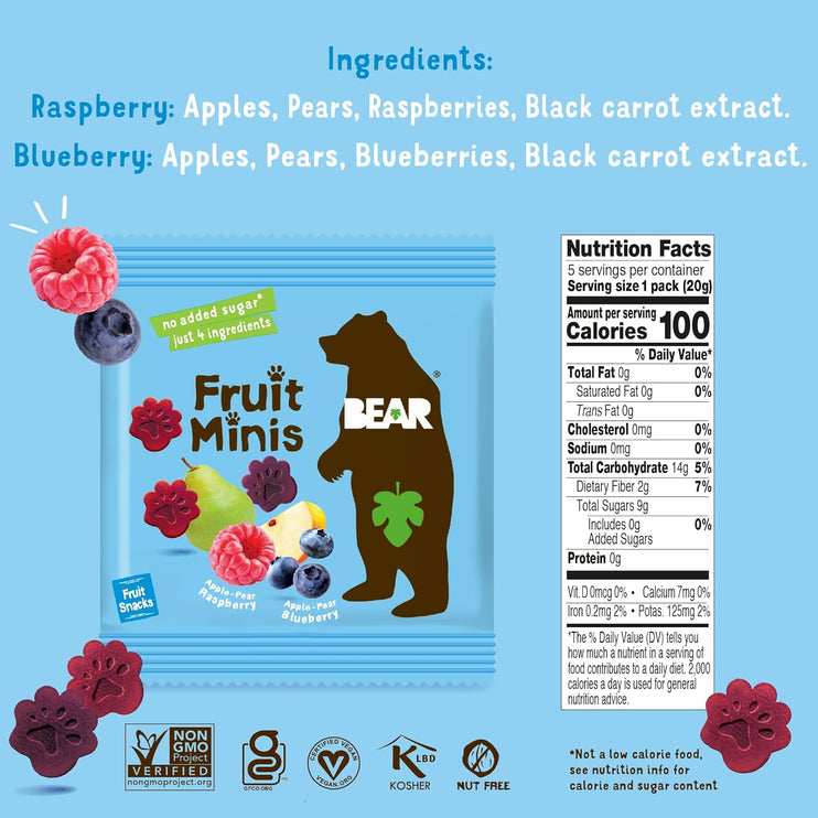 BEAR Real Fruit Snack Minis, Raspberry/Blueberry, No added Sugar, All Natural, Bite Sized Snacks for Kids, Non GMO, Gluten Free, Vegan, 0.7 Oz (Pack of 18) - Chalk School of Movement