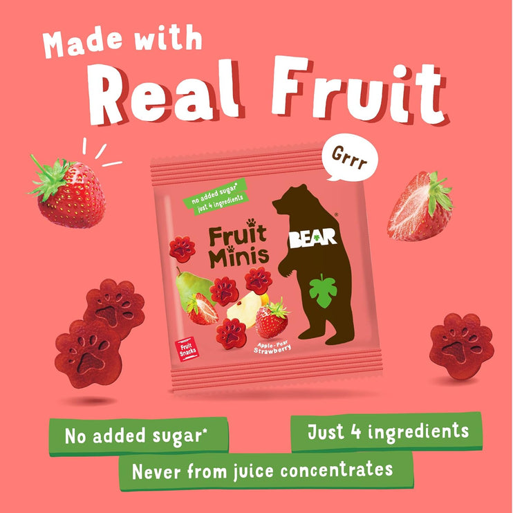 BEAR Real Fruit Snack Minis, Raspberry/Blueberry, No added Sugar, All Natural, Bite Sized Snacks for Kids, Non GMO, Gluten Free, Vegan, 0.7 Oz (Pack of 18) - Chalk School of Movement