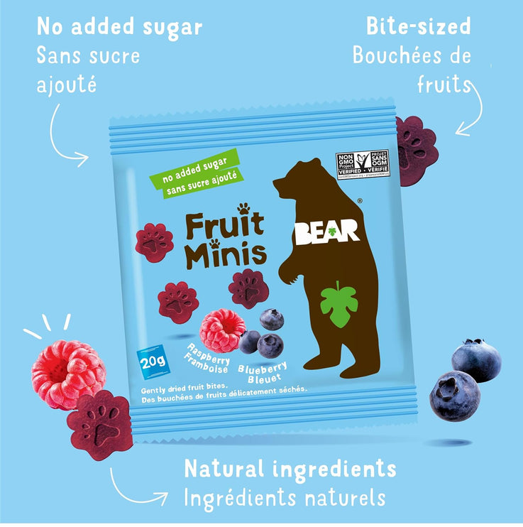 BEAR Real Fruit Snack Minis, Raspberry/Blueberry, No added Sugar, All Natural, Bite Sized Snacks for Kids, Non GMO, Gluten Free, Vegan, 0.7 Oz (Pack of 18) - Chalk School of Movement