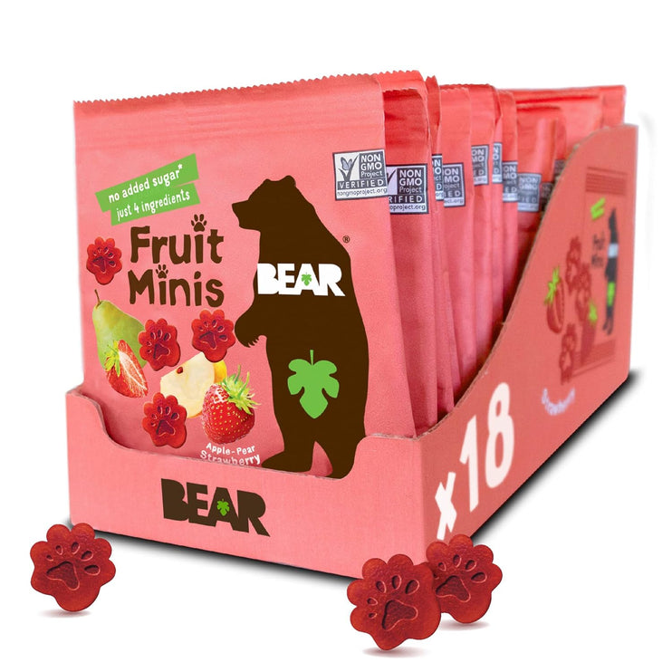 BEAR Real Fruit Snack Minis, Raspberry/Blueberry, No added Sugar, All Natural, Bite Sized Snacks for Kids, Non GMO, Gluten Free, Vegan, 0.7 Oz (Pack of 18) - Chalk School of Movement