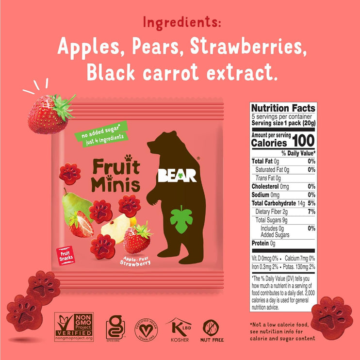 BEAR Real Fruit Snack Minis, Raspberry/Blueberry, No added Sugar, All Natural, Bite Sized Snacks for Kids, Non GMO, Gluten Free, Vegan, 0.7 Oz (Pack of 18) - Chalk School of Movement