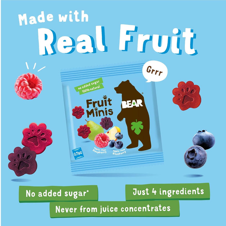 BEAR Real Fruit Snack Minis, Raspberry/Blueberry, No added Sugar, All Natural, Bite Sized Snacks for Kids, Non GMO, Gluten Free, Vegan, 0.7 Oz (Pack of 18) - Chalk School of Movement