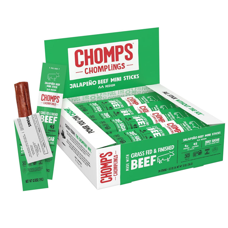 Chomps Snack Size Grass - Fed and Finished Original Beef Jerky Snack Sticks 0.5oz 24 - Pack - Keto, Paleo, Whole30, 4g Lean Meat Protein, Gluten - Free, Zero Sugar Food, Non - GMO Chomplings - Chalk School of Movement