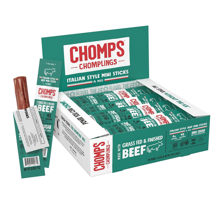 Chomps Snack Size Grass - Fed and Finished Original Beef Jerky Snack Sticks 0.5oz 24 - Pack - Keto, Paleo, Whole30, 4g Lean Meat Protein, Gluten - Free, Zero Sugar Food, Non - GMO Chomplings - Chalk School of Movement