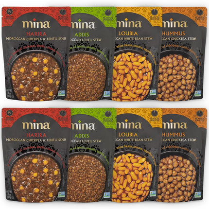 Mina Moroccan Lentils, Chickpeas, White Beans, Harira, Variety 8 Pack, Ready to Eat, Vegan, Non-GMO, Gluten Free, Kosher, Microwavable, Packaged Meals & Side Dishes, 10 oz (Pack of 8) - Chalk School of Movement